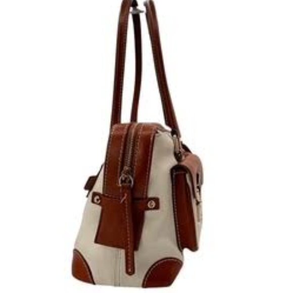 Dooney & Bourke Vintage  Pebbled Leather Satchel Tote | White Tan Trim Large Bag - Picture 4 of 14